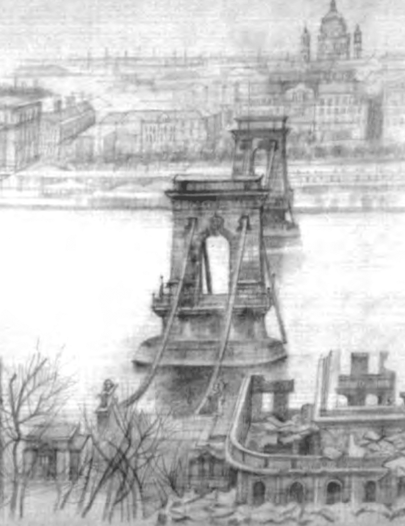 A felrobbantott Lánchíd. (részlet), 1945, ceruzarajz, papír, 30x45 cm, j.: j.l.: Mácsai 1945