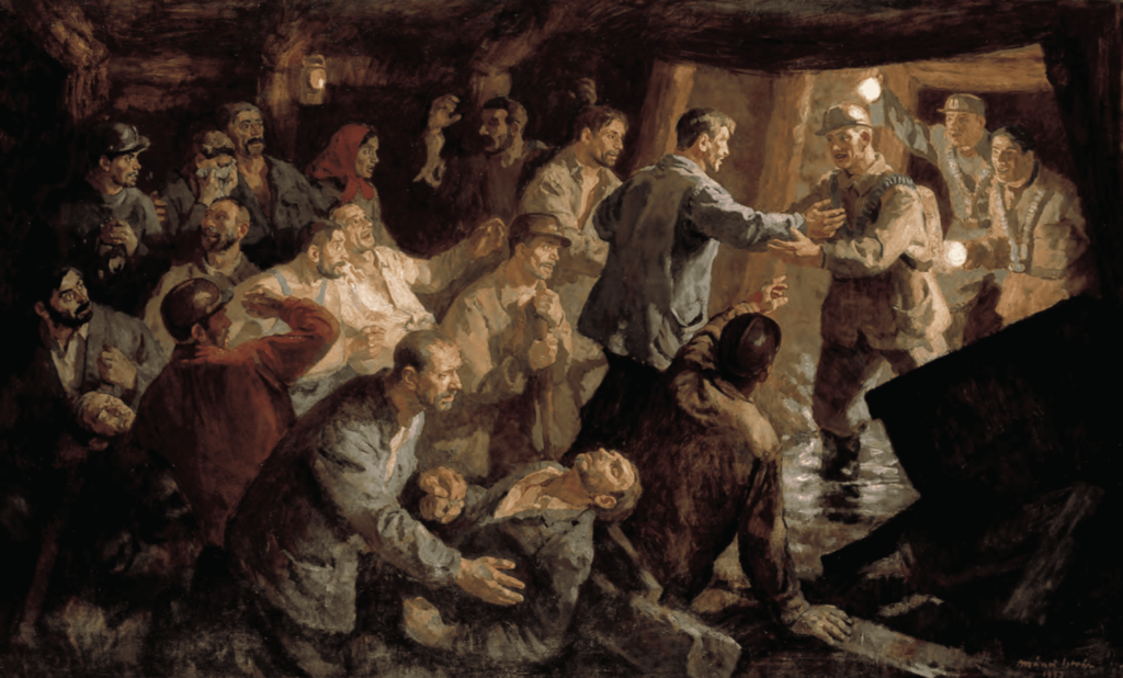 A szuhakállói bányászok megmentése, 1953, olaj, vászon, 150x248 cm, j.: j.l.: Mácsai István 1953